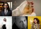 Collage of six professional headshots with names (Mr. S. Mannambeth, Ms. Hélène Prévot, Mr. Paul Emilien Mathieu, Ms. Nathalie Fiesthauser) surrounding a central image of an ornate perfume bottle held in a cream knitted sleeve on a team-page layout.
