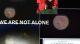 Collage featuring the slogan 'WE ARE NOT ALONE', a small photo frame with a girl on red flowers, a certificate, and abstract shapes.