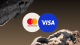 Mastercard and Visa logos overlapped on a brown rocky background, representing payment cards.