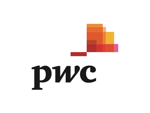PwC logo with lowercase 'pwc' text and a multicolored abstract block above it.